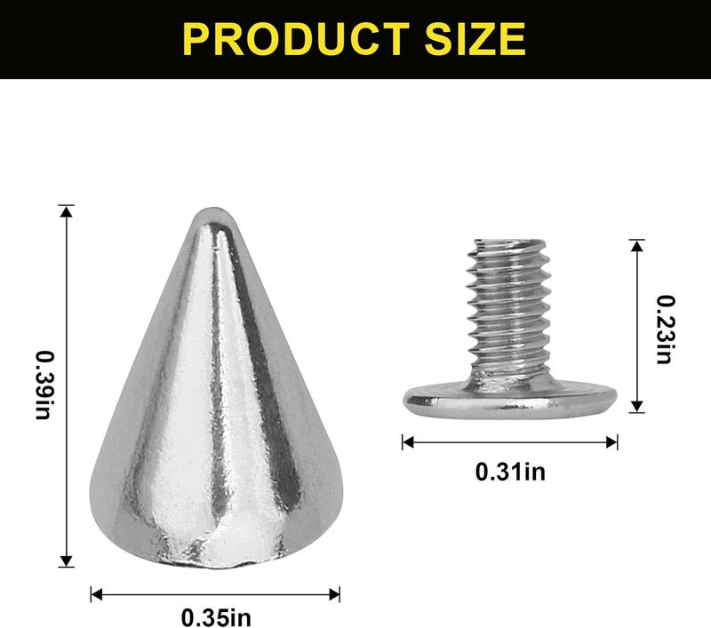biteyued 100 Pairs Cone Spikes Screwback Studs,Metal Bullet Cone Spikes, 7x10mm Metal Spikes Studs, for Punk Rock Style Clothing Belt Shoe Bag Dog Collar DIY Leather Crafts,Silver - Image 2